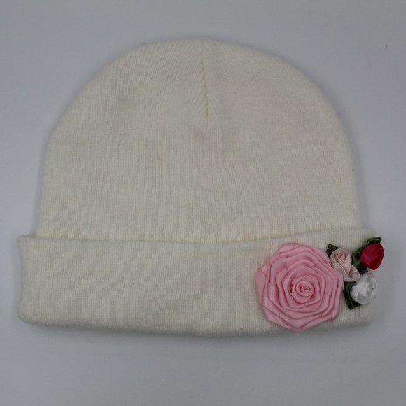 GIRL'S ROSETTE EMBELLISHED OFF-WHITE & PINK KNIT HAT - Picture 1 of 4